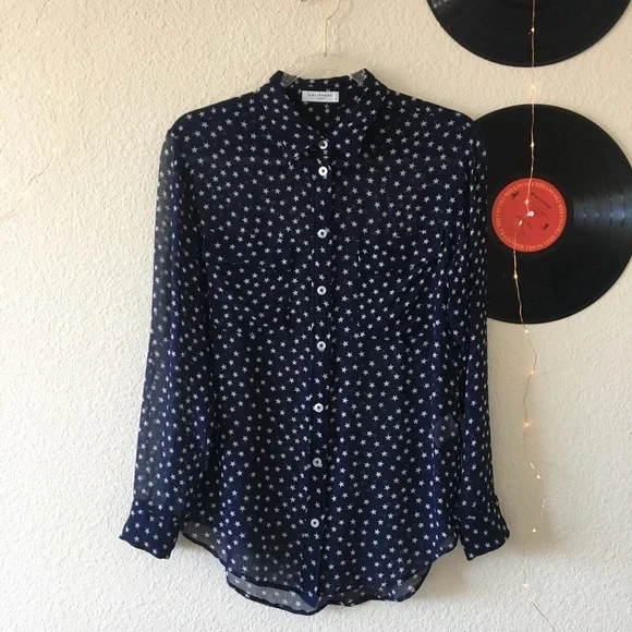 SOLD on eBay✨You’re A Star ⭐️ Navy Blue Sheer Silk Star Blouse - Picture 1 of 16